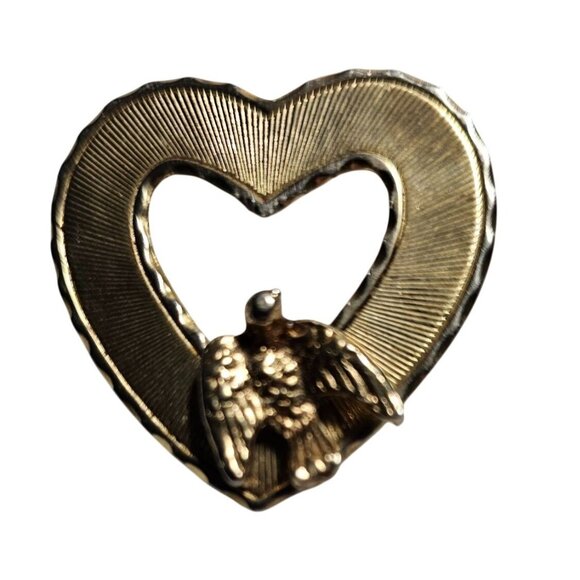 Heart-Shaped Gold-Tone Pin Brooch With Dove Accent Openwork Design Vintage Style - Picture 1 of 6